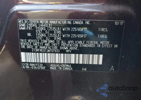 2018 Toyota Rav4 Xle from USA, damaged, VIN 2T3RFREV7JW707933